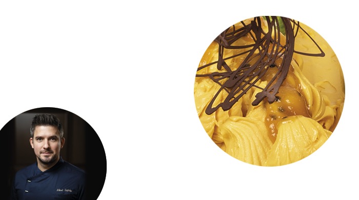 Sorbete mango. Sorbete coco. Chocolate blanco, lavanda y grosella negra. Salsa grosella negra